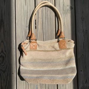 The Sak Crochet Hobo Bag Carryall Tote Tan/Ivory
